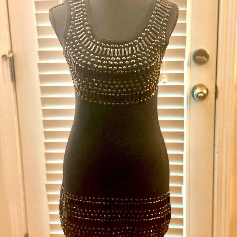Bebe Black Studded Beaded Bodycon Mini Dress Open Back Bow Detail Sleeveless - Picture 3 of 10